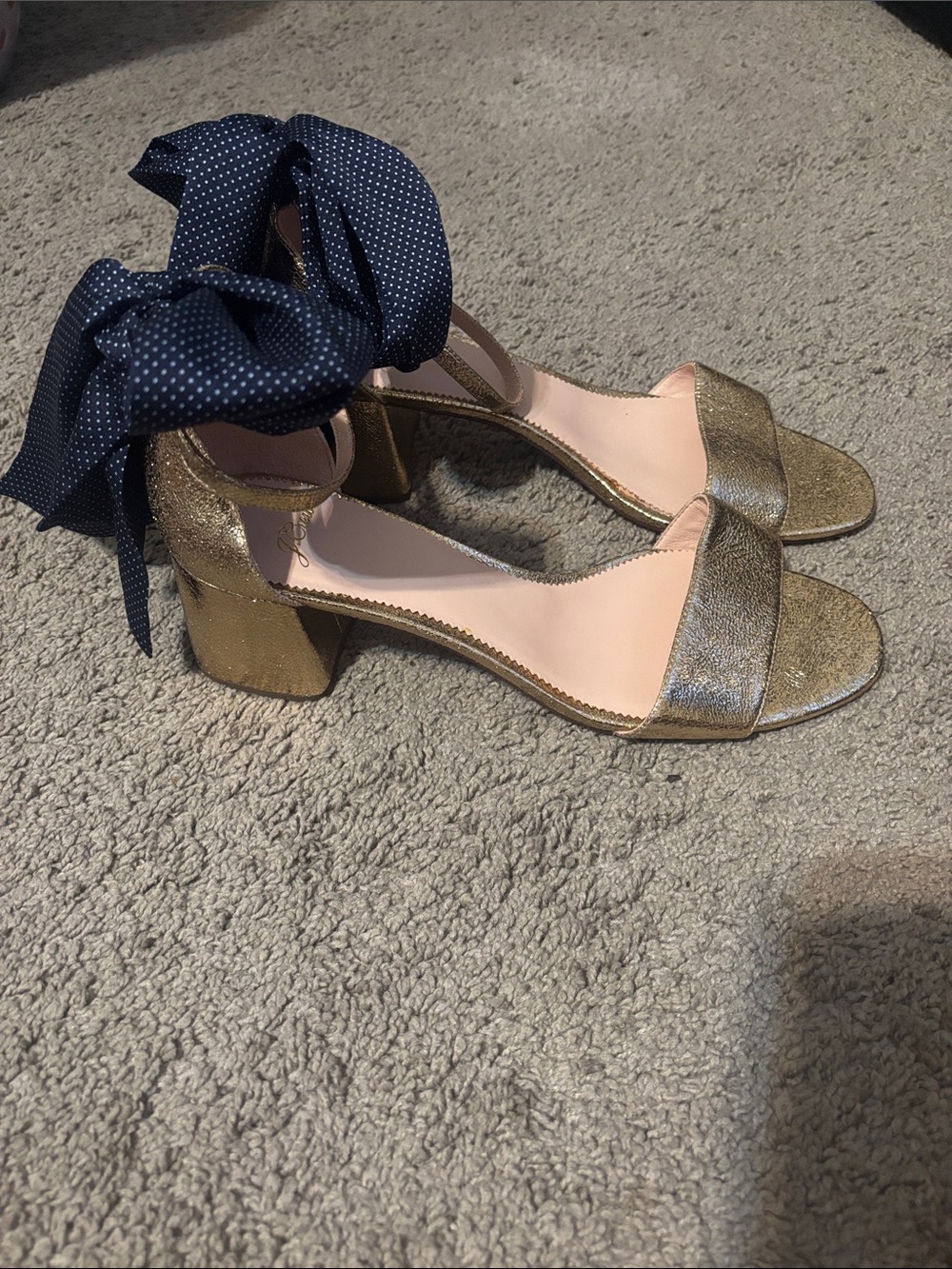 J. Crew Women’s Metallic Crinkled Gold Block Sandals, Navy Ankle Tie, Size 12